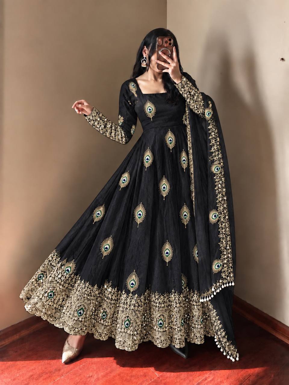 Mayura Midnight Black Peacock Embroidered Anarkali Suit Set
