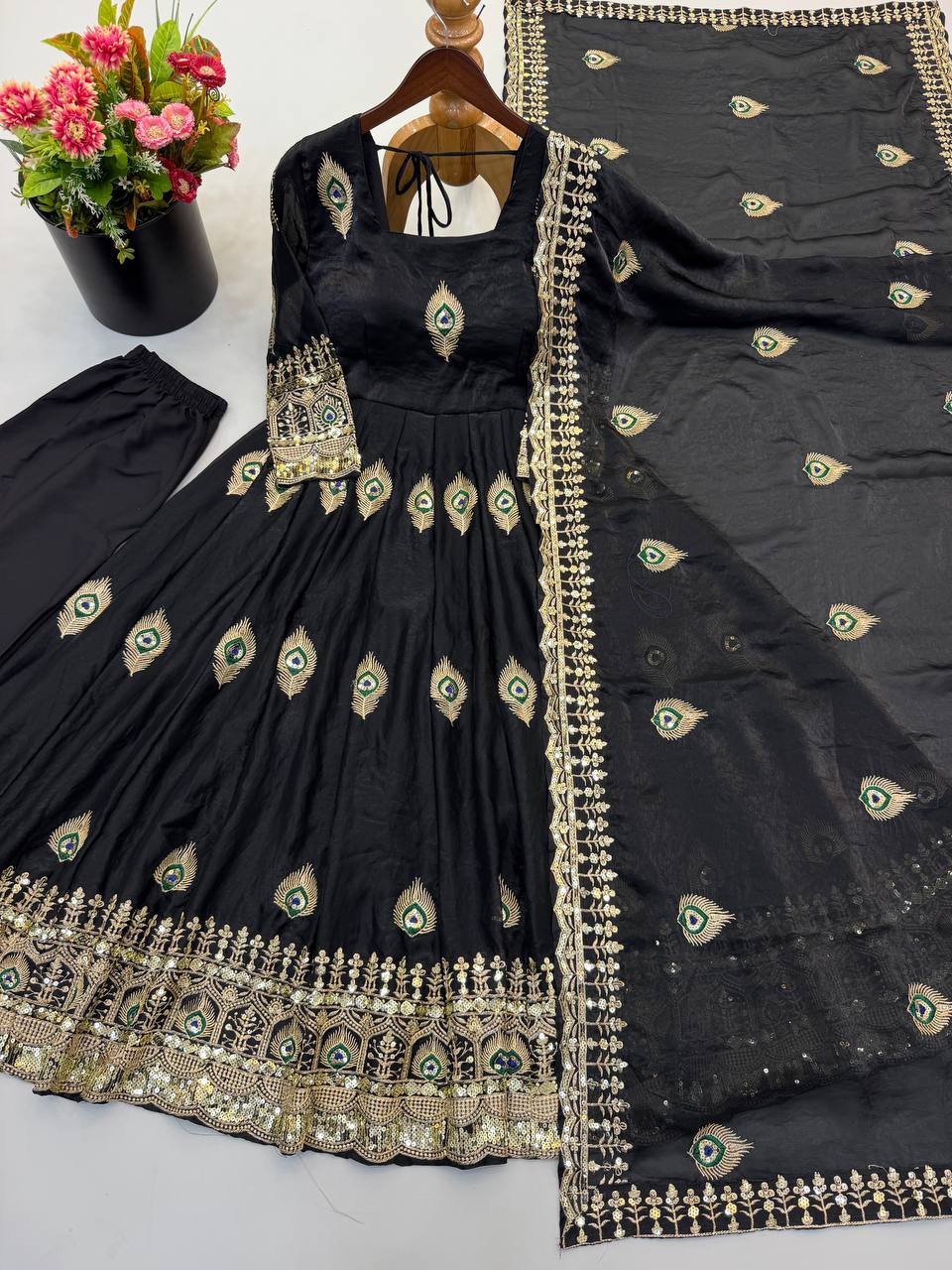 Mayura Midnight Black Peacock Embroidered Anarkali Suit Set
