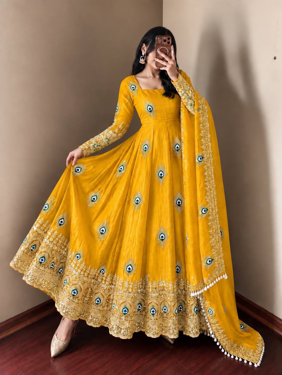 Mayura Sunshine Yellow Peacock Embroidered Anarkali Suit Set