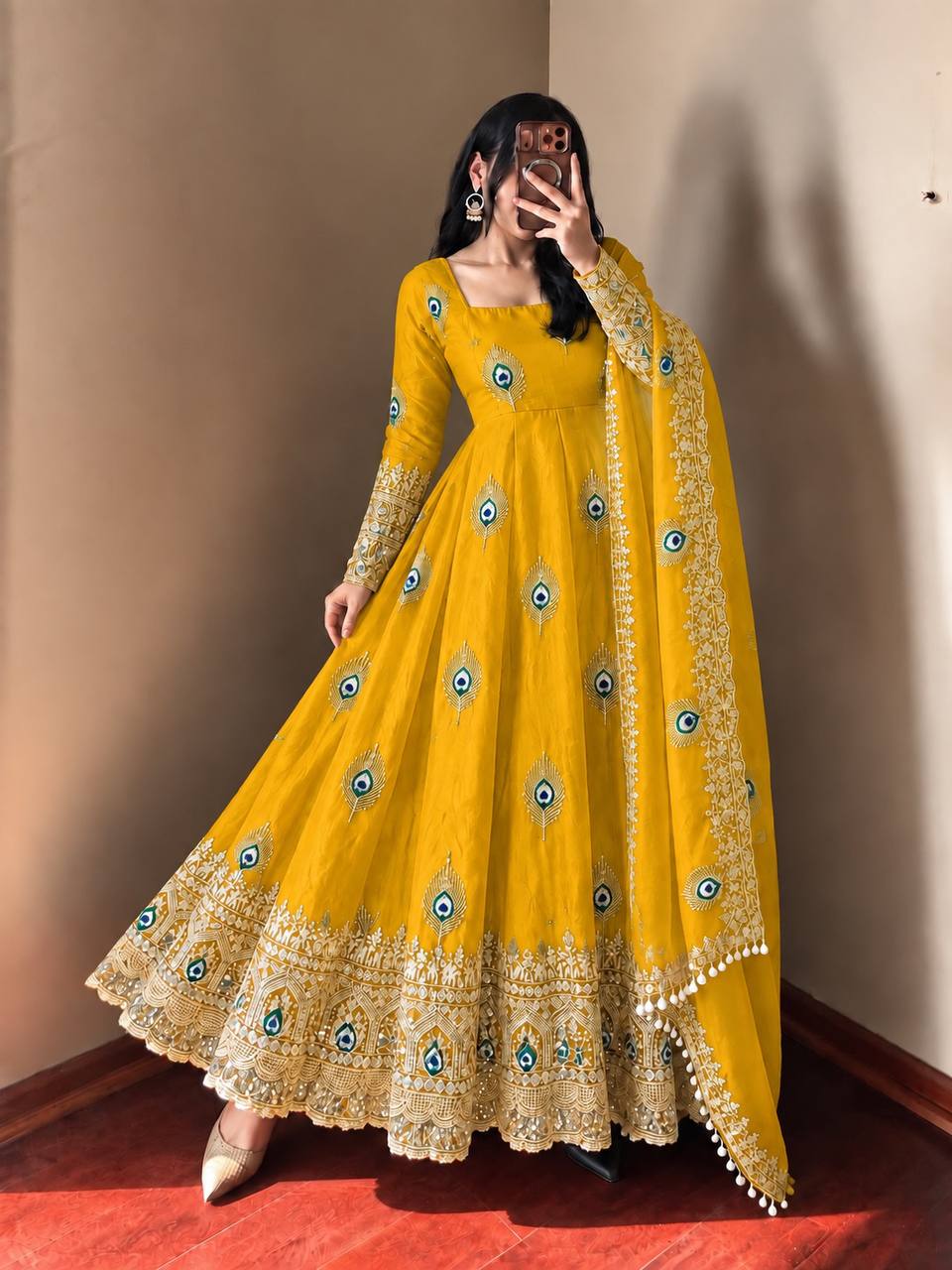 Mayura Sunshine Yellow Peacock Embroidered Anarkali Suit Set