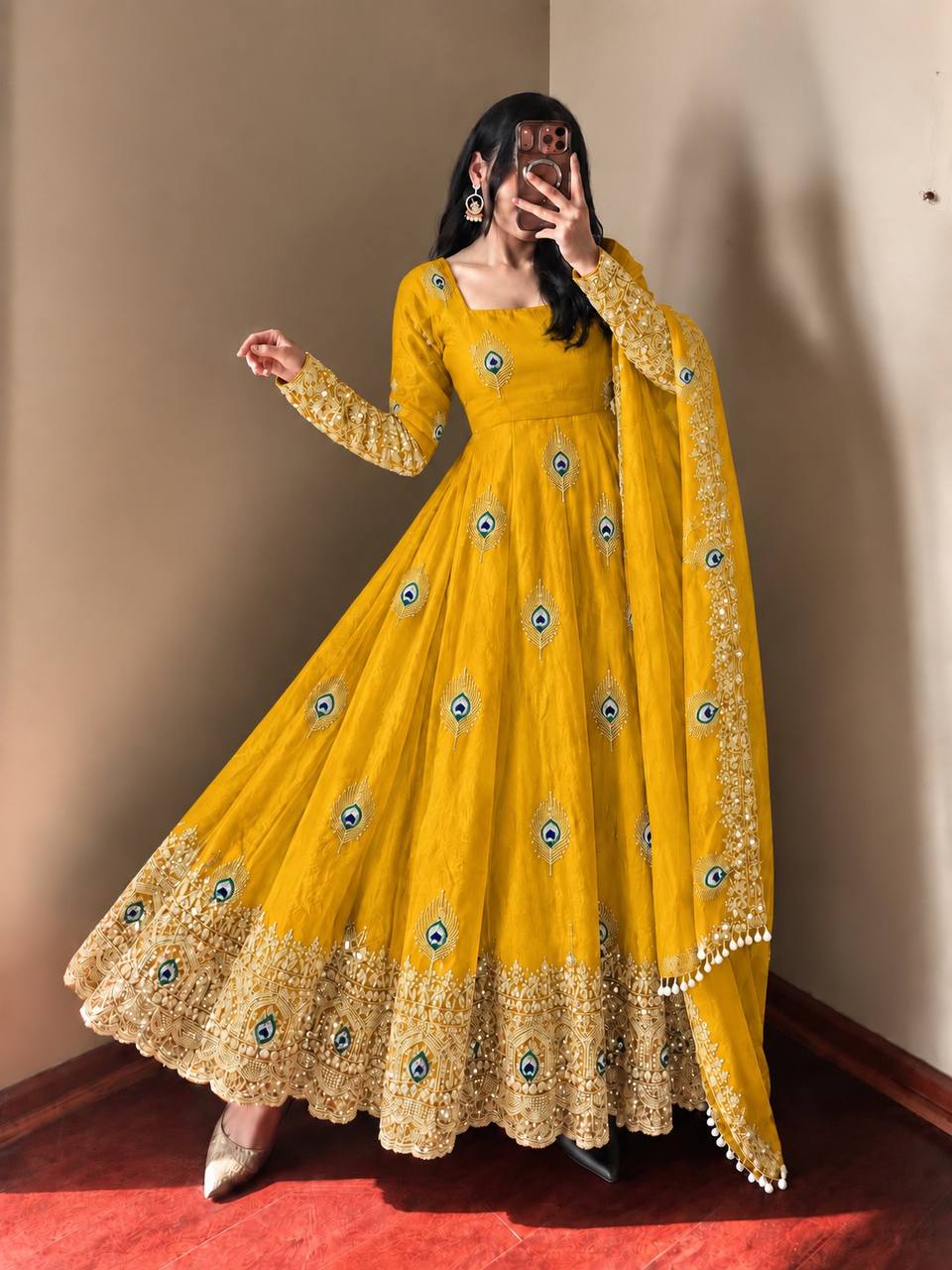 Mayura Sunshine Yellow Peacock Embroidered Anarkali Suit Set