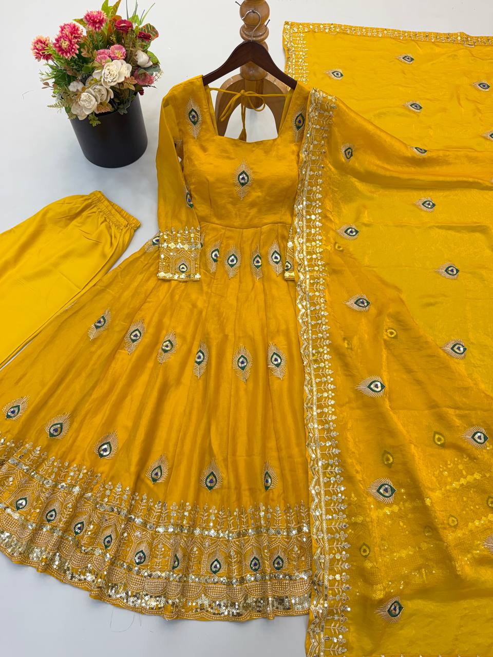 Mayura Sunshine Yellow Peacock Embroidered Anarkali Suit Set