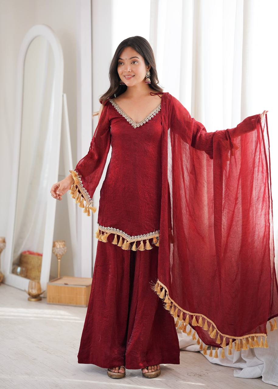 Noor Ruby Red Embroidered Sharara Set