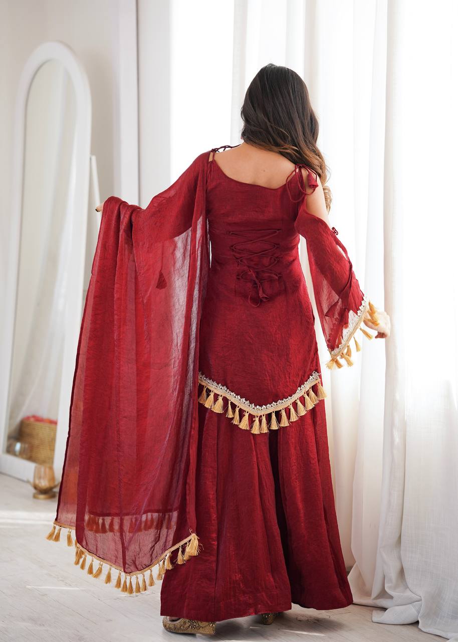 Noor Ruby Red Embroidered Sharara Set