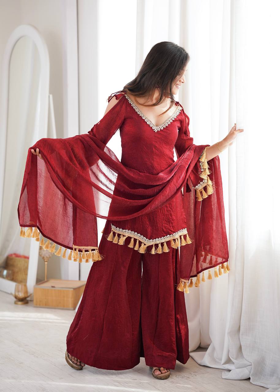 Noor Ruby Red Embroidered Sharara Set
