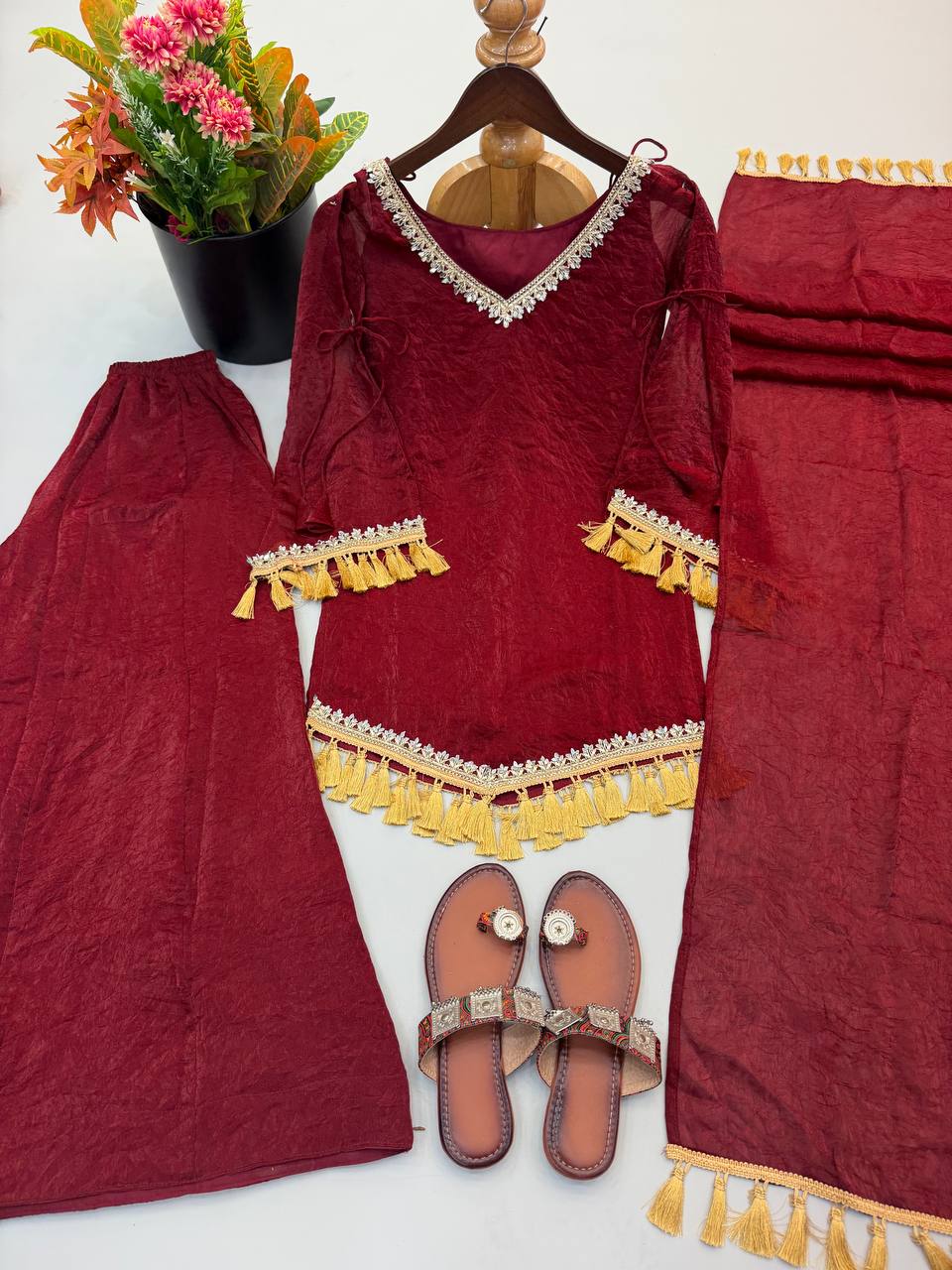 Noor Ruby Red Embroidered Sharara Set