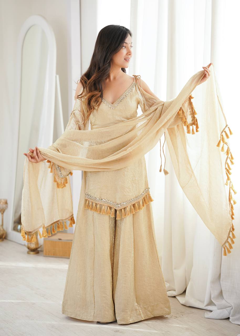 Aafreen Ivory Gold Embroidered Sharara Set