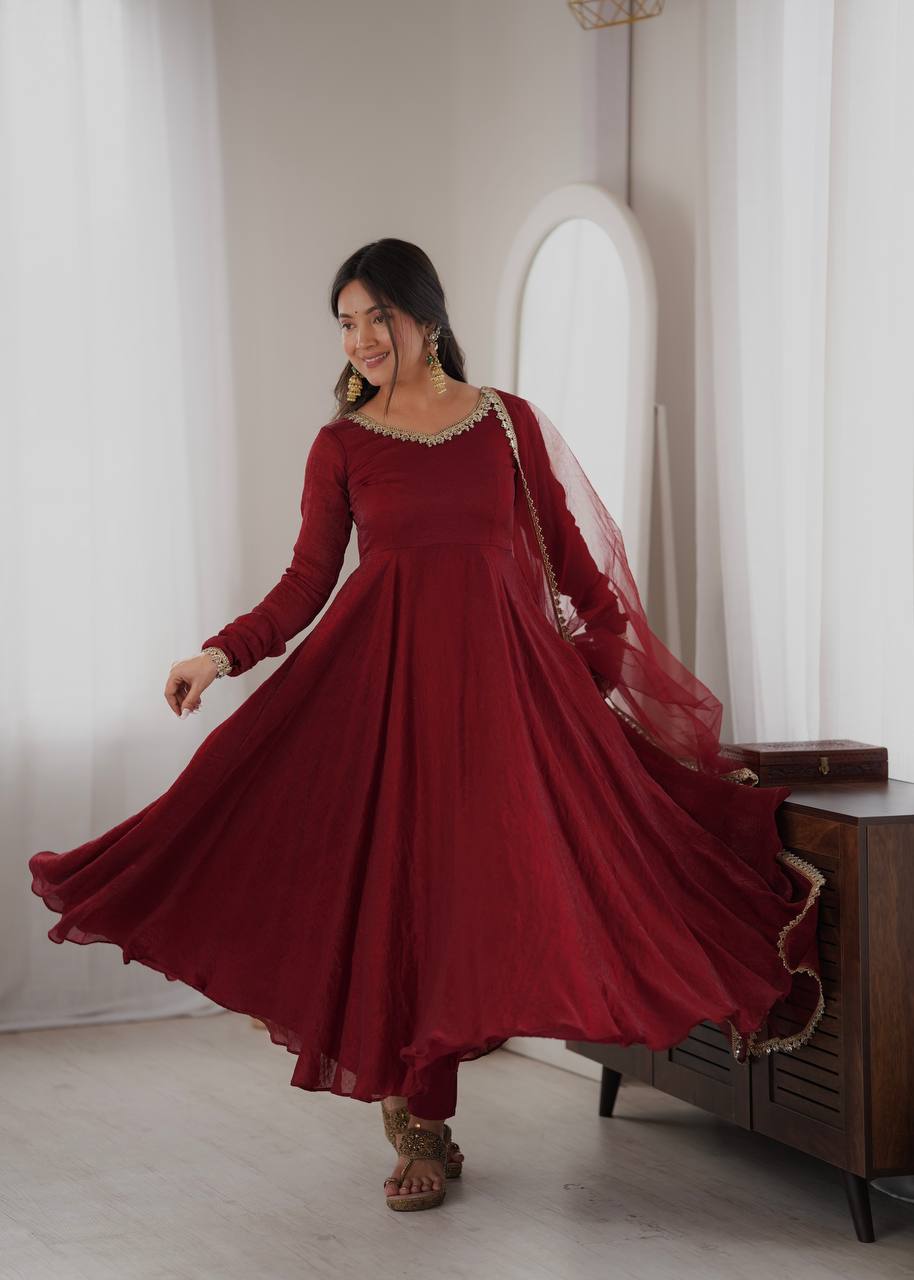 Meher Maroon Embroidered Anarkali Suit Set