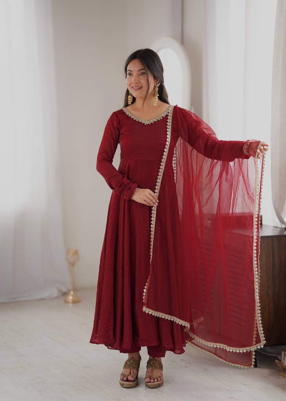 Meher Maroon Embroidered Anarkali Suit Set