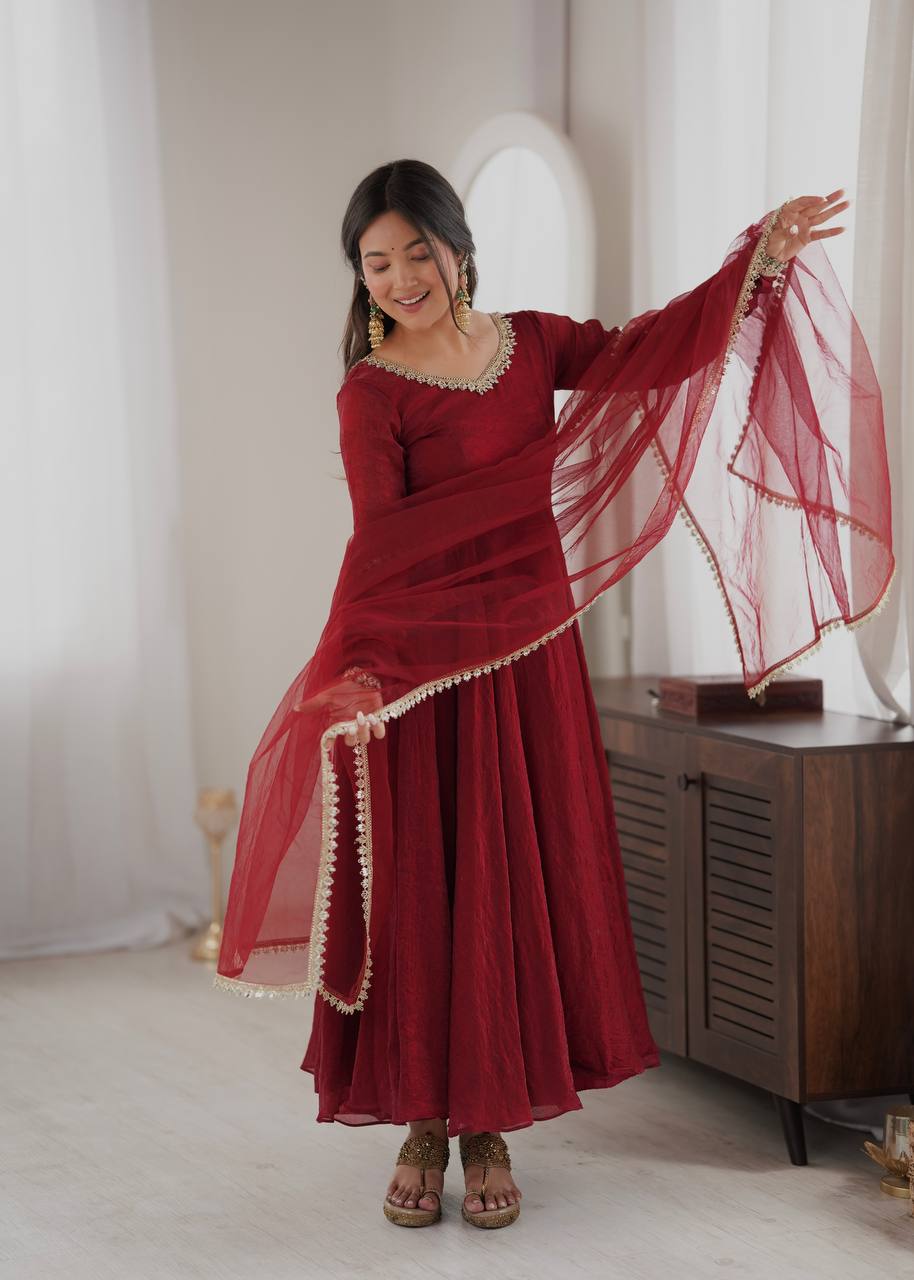 Meher Maroon Embroidered Anarkali Suit Set