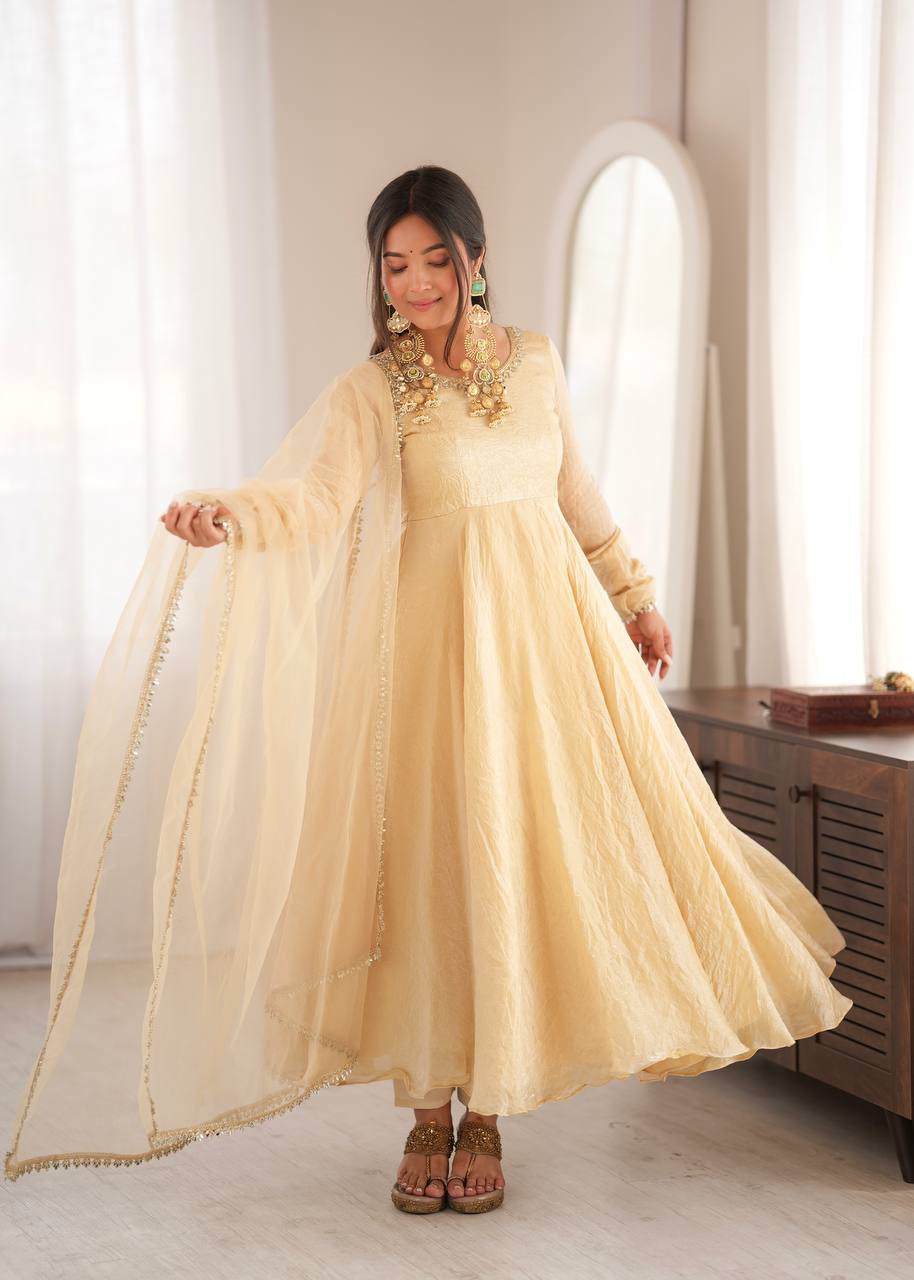 Aarohi Ivory Gold Flared Anarkali Suit Set