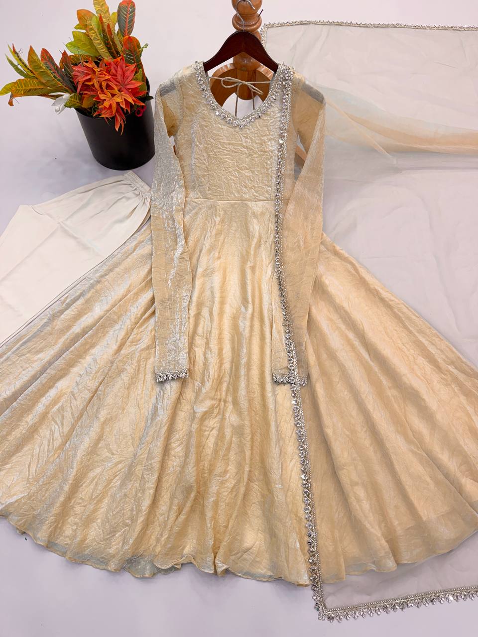 Aarohi Ivory Gold Flared Anarkali Suit Set