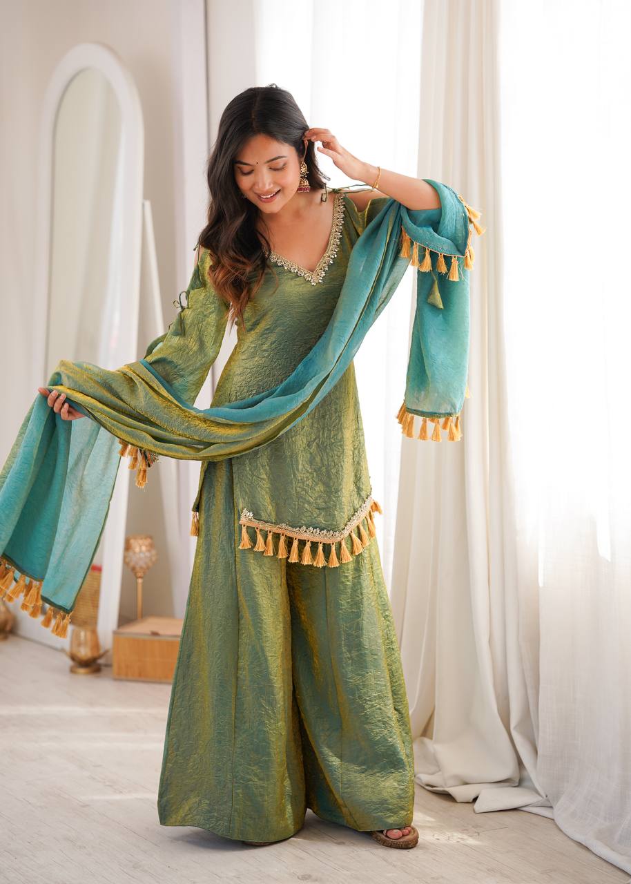 Zara Green Embroidered Sharara Set with Ombre Dupatta