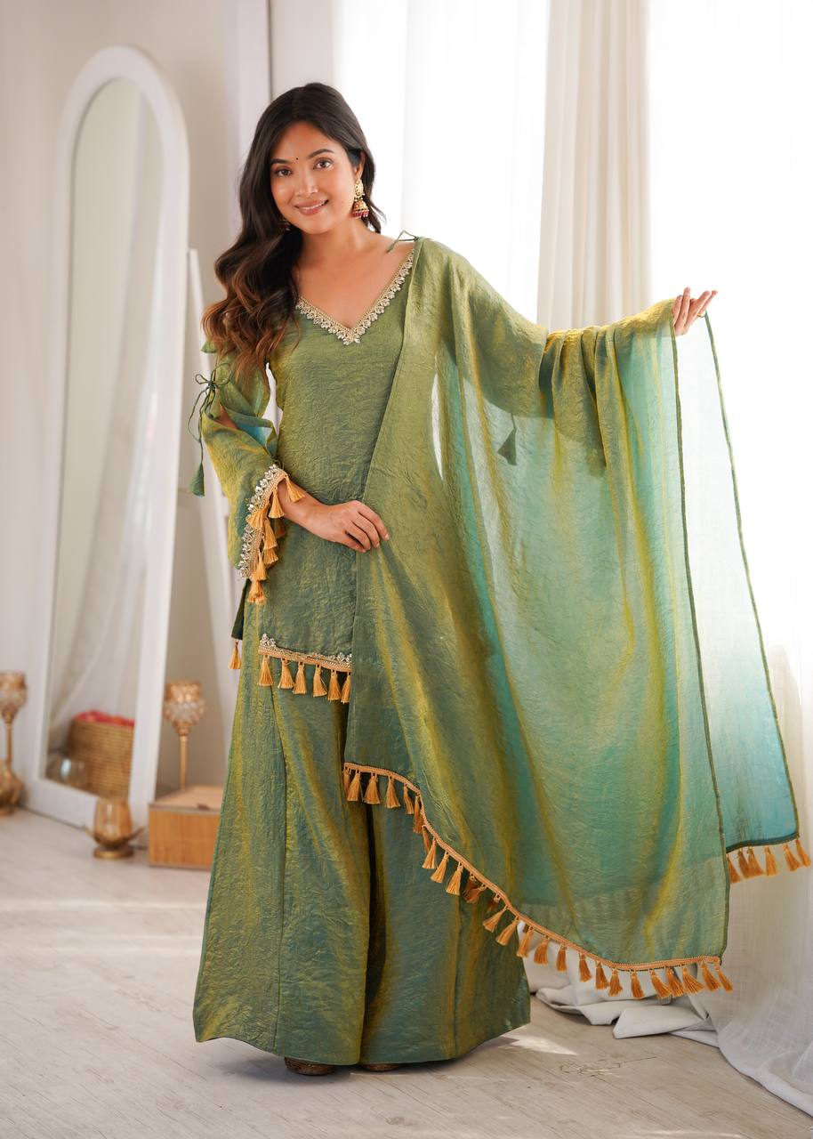 Zara Green Embroidered Sharara Set with Ombre Dupatta
