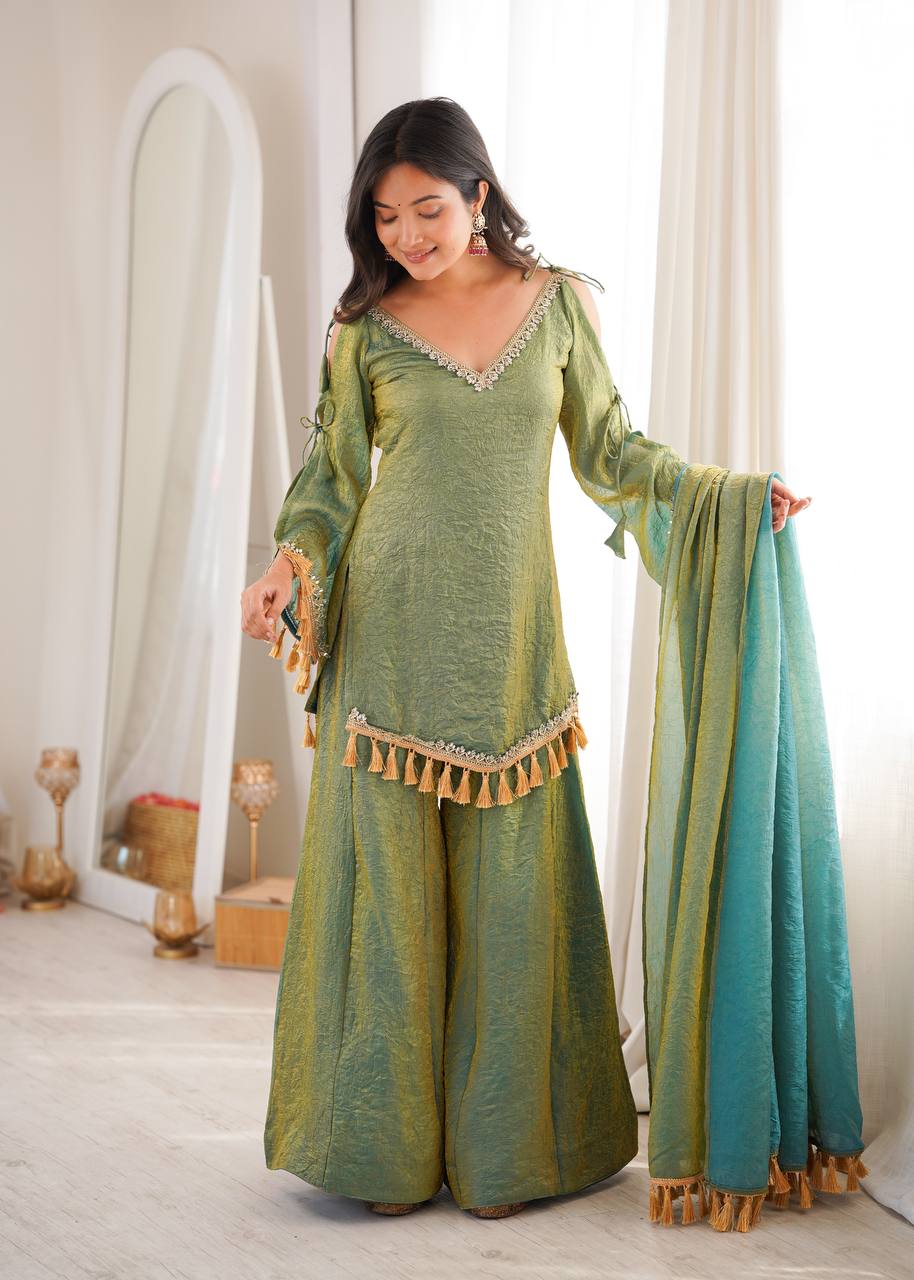 Zara Green Embroidered Sharara Set with Ombre Dupatta
